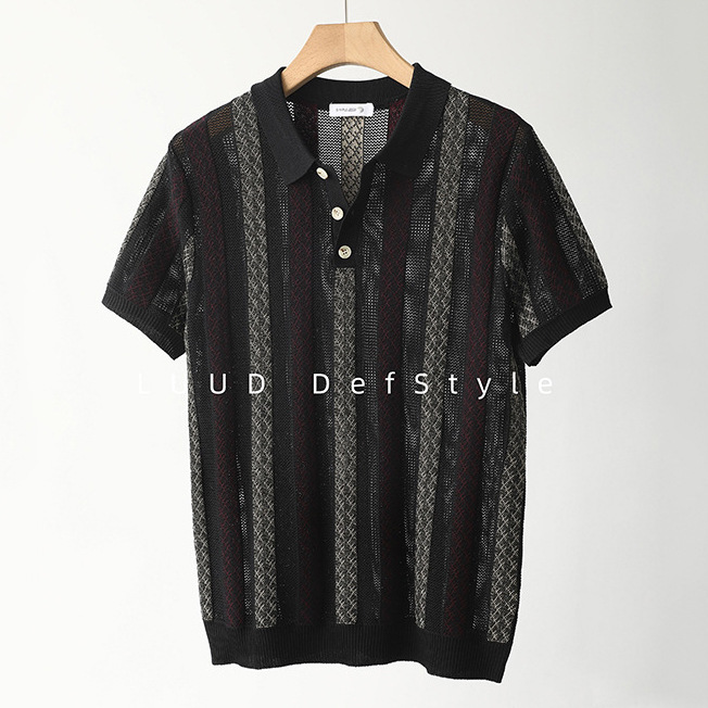 Polo camiseta de punto camiseta de manga corta camiseta de hombre solapa rayas huecas viejos vientos de alto nivel de verano fábrica transfronteriza al por mayor