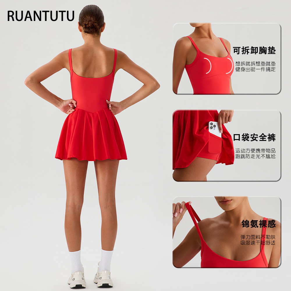 Vestido con cojín de pecho, vestido de tenis de pliegues transpirable, secado rápido, deporte, carrera, falda corta anti-dopaje transfronteriza anti-dopaje