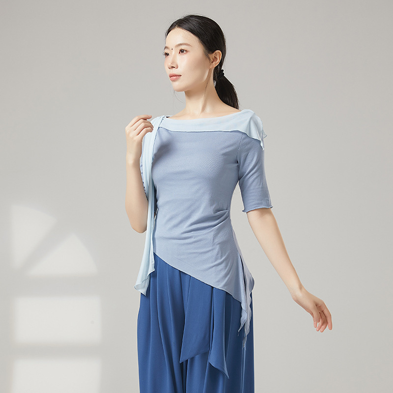 女性用モダンダンス練習服、メッシュステッチ不規則トップス、ダンス学生の日常着、ボディトレーニング服|undefined