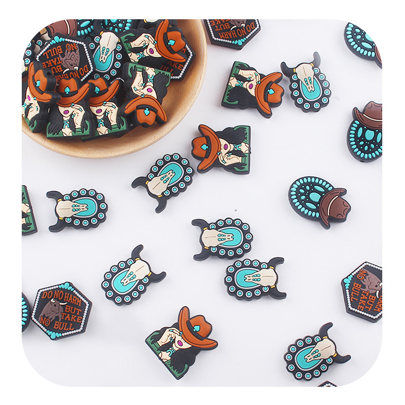 Nuevos artículos para madres y bebés dibujos animados vaqueros occidentales cuentas de silicona creativas DIY tetas cadena de pulsera juguetes accesorios de goma de dente