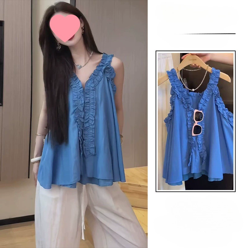 2025新款v领甜美设计感拼接木耳边无袖衬衫洋气时尚吊带上衣女