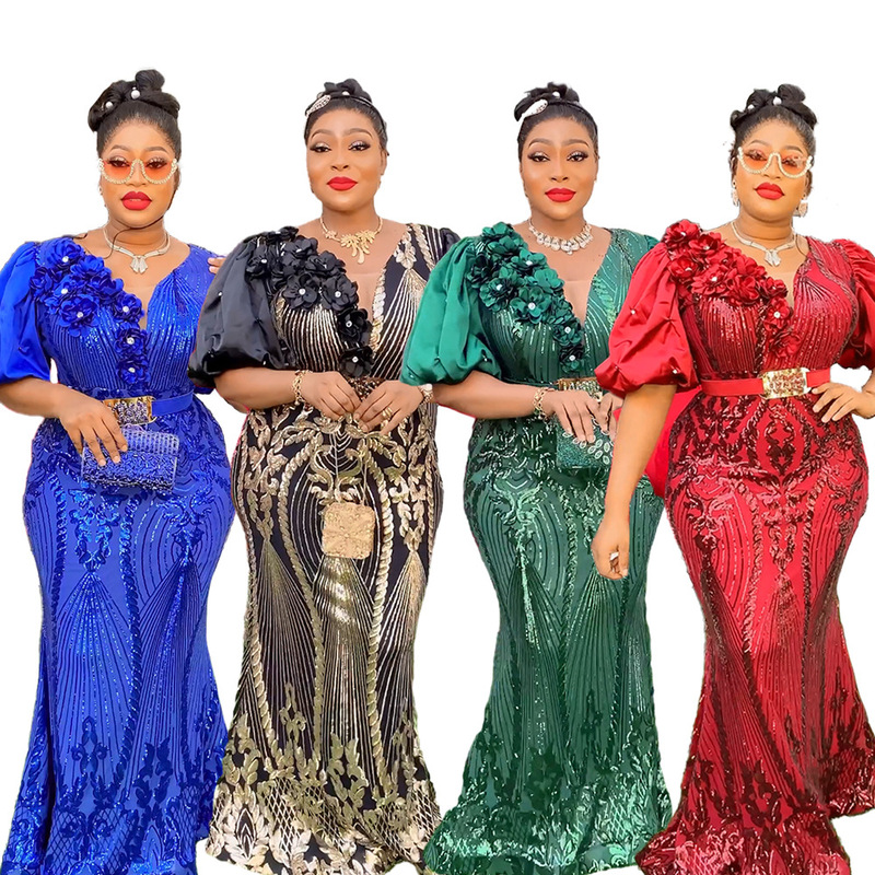 African Aliexpress Amazon Women's Large Size Light Mature Style Party Evening Dress Long Skirt Sequined High Waist Jumpsuit