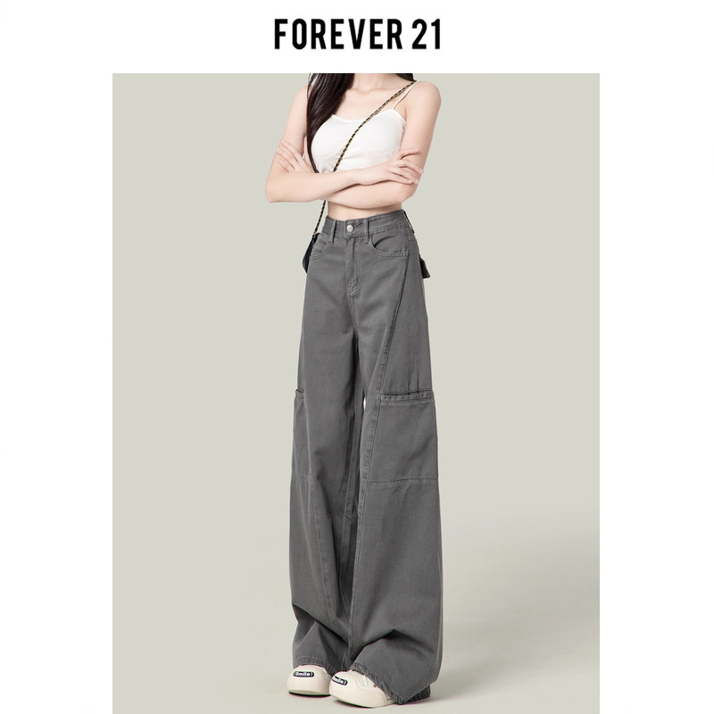 Forever 21 Cement Gray American Wide-Leg Cargo Pants for Women 2025 New Retro High-Waisted Straight Jeans