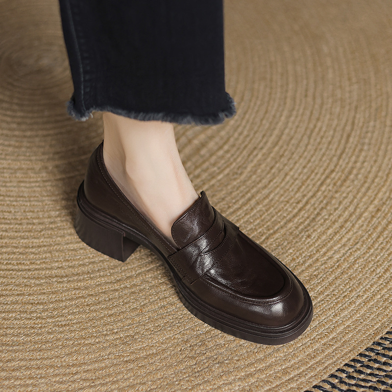 Genuine Leather Retro Round-Toe Slip-On Rubber Silent Thick-Soled Thick-Heeled Loafers for Women's Daily Casual Work Clothing Small Leather Shoes Genuine Leather Retro Round-Toe Slip-On Rubber Silent Thick-Soled Thick-Heeled Loafers for Women's Daily Casual Work Clothing Small Leather Shoes