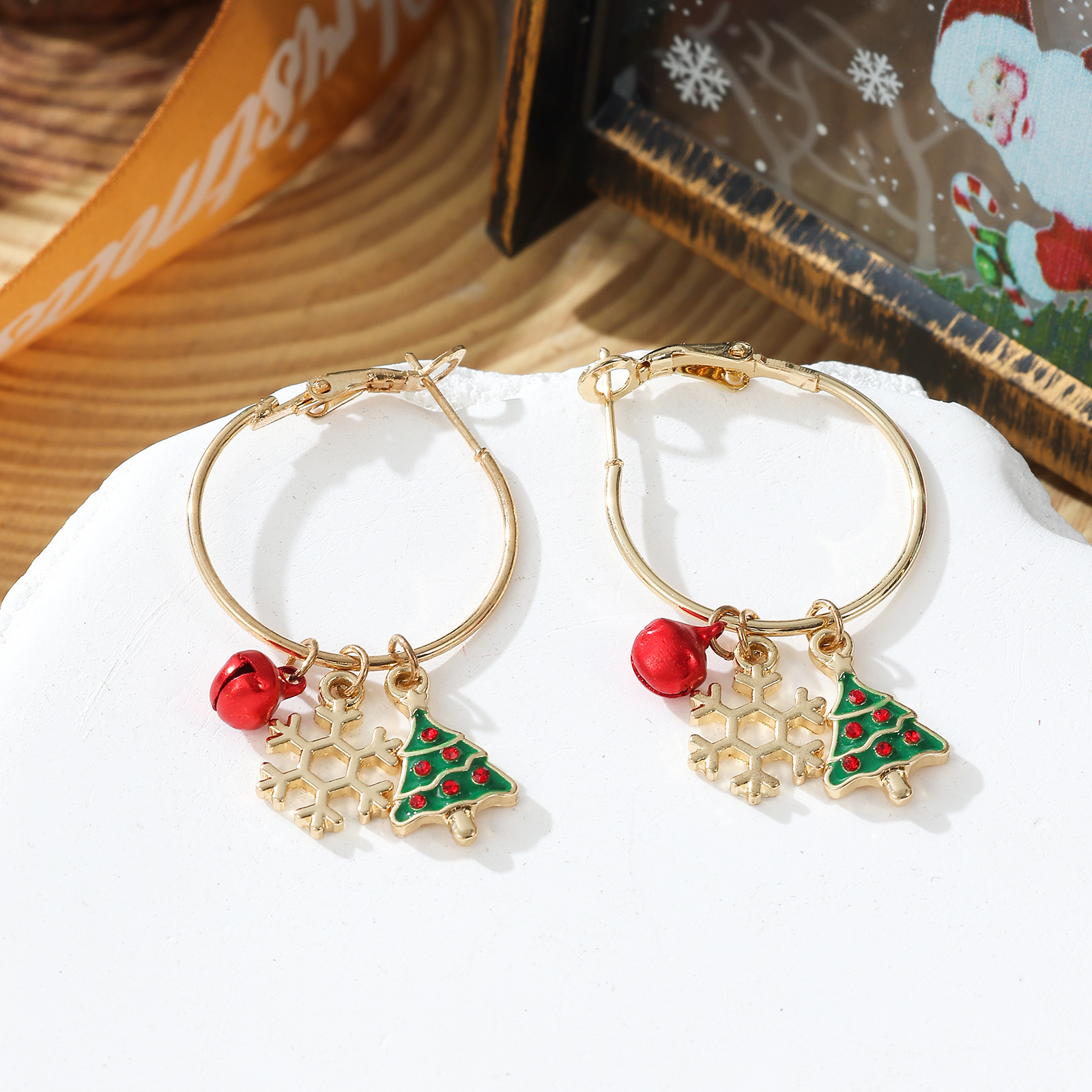 Christmas Tree Snowflake And Bell Drop Earrings With Diamonds_voghion.com