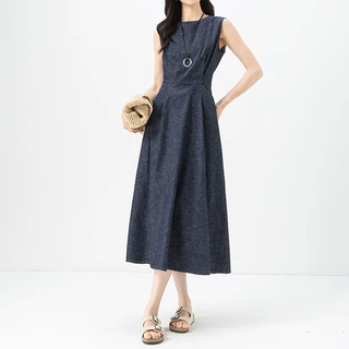 鑫阁丹宁蓝无袖牛仔连衣裙女夏季新款收腰显瘦气质复古长款背心裙