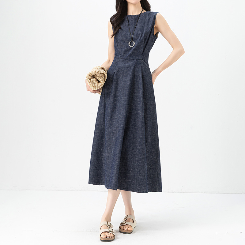 Xinge Tannin Blue Sleeveless Denim dress Women's Summer New Waist Slimming Elegant Retro Long Vests Dress Xinge Tannin Blue Sleeveless Denim dress Women's Summer New Waist Slimming Elegant Retro Long Vests Dress