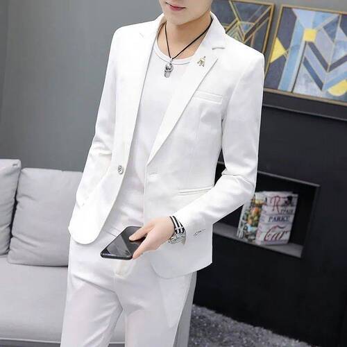 Autumn/Winter Thick Korean Men's Casual Suit Top Coat Set of Two, Dark Green British Style Slim Fit Single Piece Thick Version