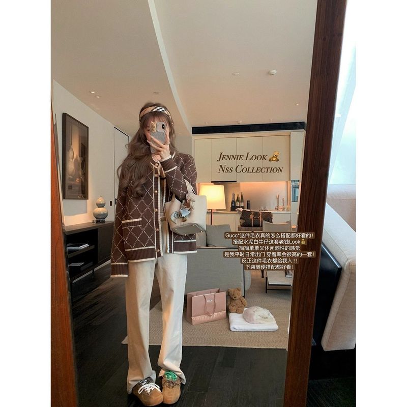 感超好看针织开衫外套女秋冬季风设计感撞色菱格长袖毛衣|undefined
