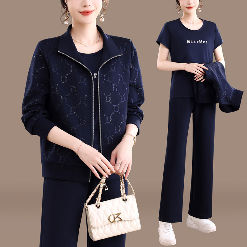 Primavera y otoño nuevo abrigo de moda para madres de mediana edad, camiseta exterior, chaqueta de tres piezas