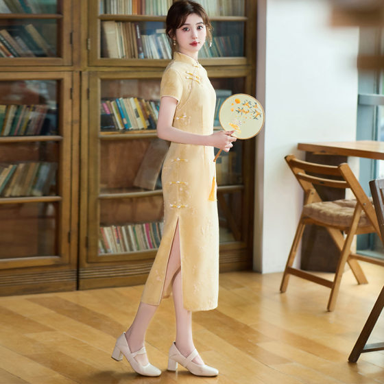 light yellow Send Kao Xian White Small Cheongsam New Chinese Girl 2025 Summer New Jacquard Improved dress