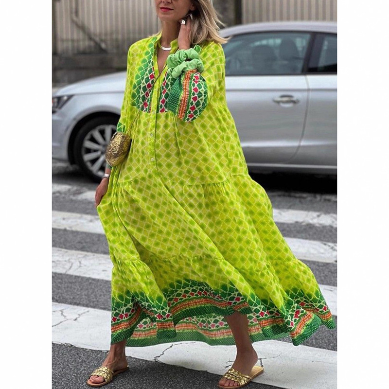 Swing Dress with Geometric Fashion, Modern Outdoor Casual Holiday Button Print, 3/4 Long Sleeves, Stand Collar Dress