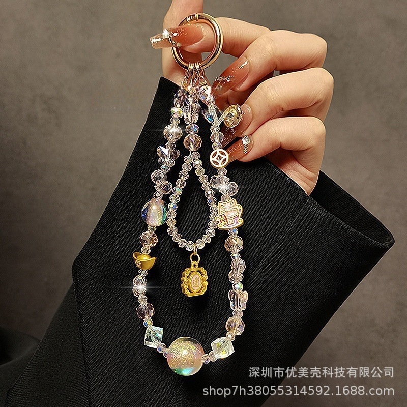 复古中国风招财猫手机挂绳时尚元宝水晶串珠双链手提链挂件手机链|undefined