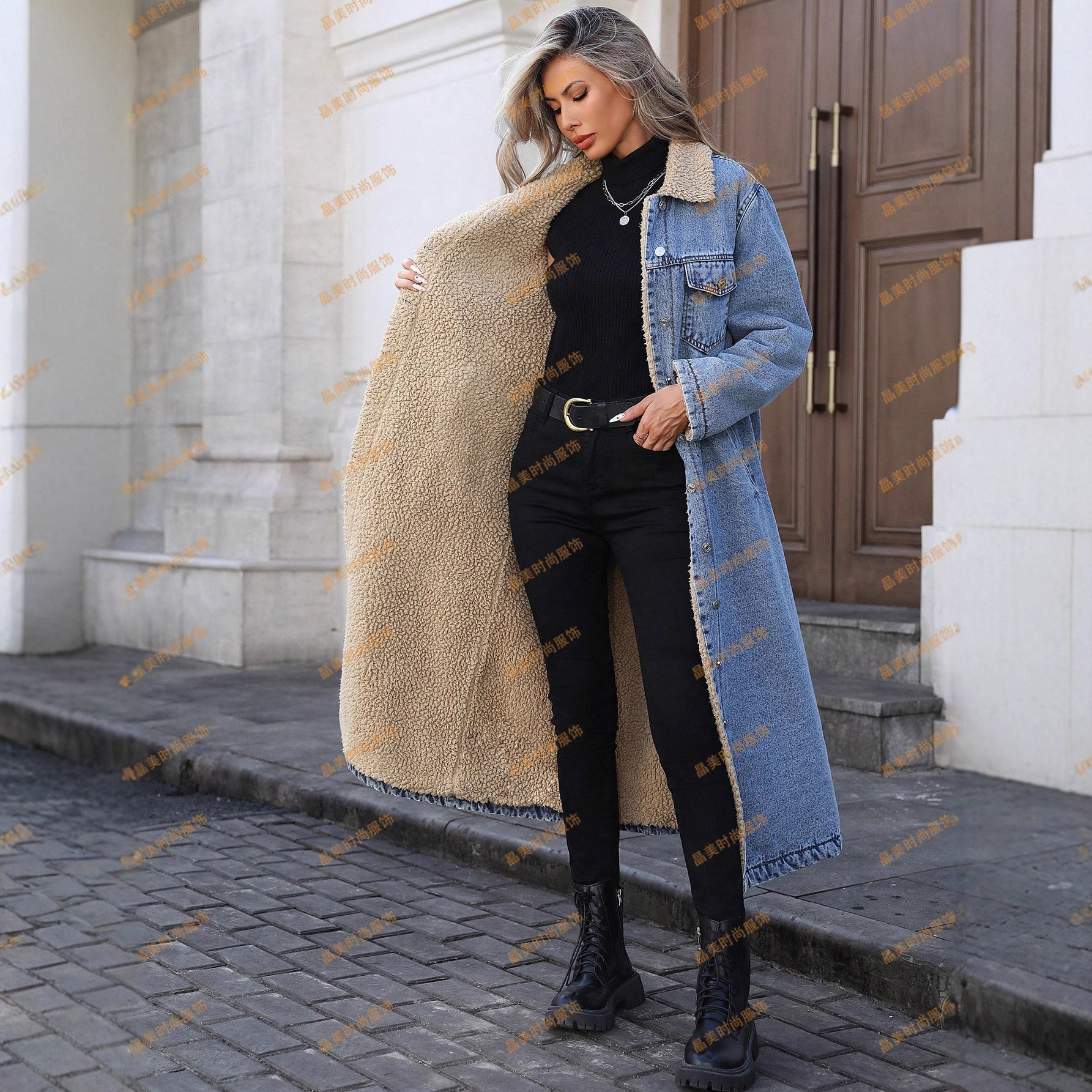 爆款现货-20781亚马逊跨境外贸女装欧美宽松长款加绒棉衣牛仔外套