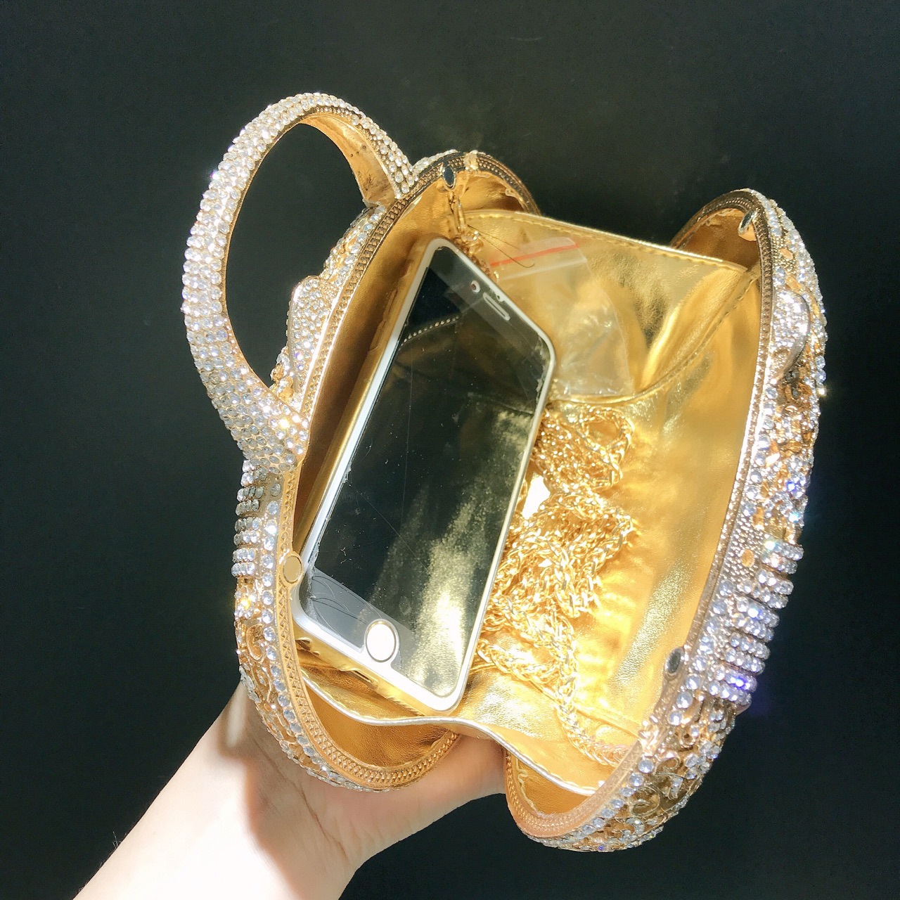 Túi clutch nữ đính đá rhinestone dệt hoa văn, xách tay dự tiệc — Màu vàng