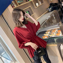 女式春秋新款韩版宽松休闲V领套头设计感蝙蝠袖收腰小众雪纺衬衣