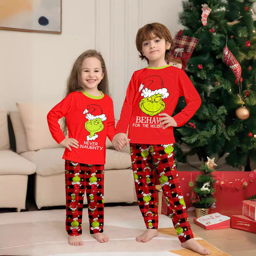 2026 New Small Monster Parent-Child Christmas Homecoming Set with Cartoon Check Print Two-Piece Pajamas