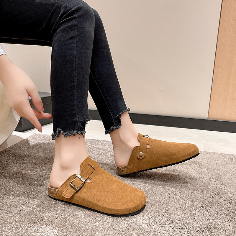 Más tamaño de comercio exterior cerrado dedo del pie medio zapatillas casual retro punta redonda slip-on cinturón hebilla plana Muller zapatillas al por mayor