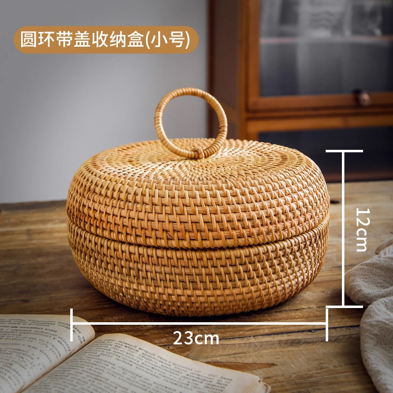 Cesta de almacenamiento de caña tejida de caña cubierta caja de almacenamiento de escritorio caja de pastel de té mesa de té bocadillos de frutas pan al vapor retrógrado sopa