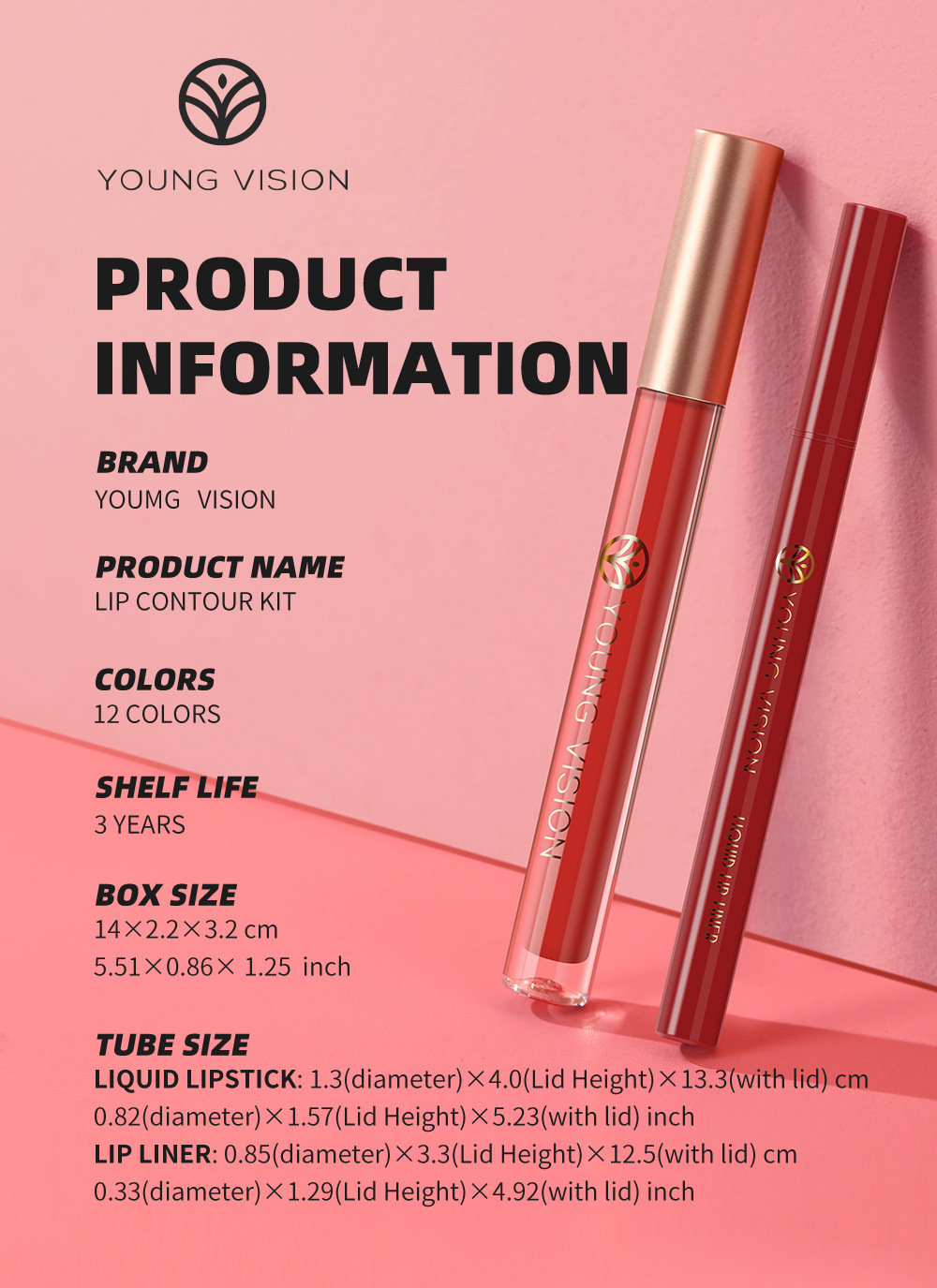 YOUNG VISION Lip Gloss + Lip Liner 2-piece Set. The gourd-tipped liquid lip liner is not easy to stick to the cup lip gloss undefined