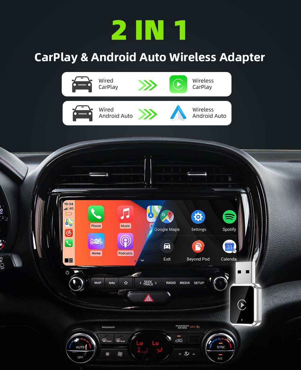Wireless Carplay Car Box USB Smart Interconnect for Android and Iphone, Universal, No Wiring Required, High-Definition Screen Projection