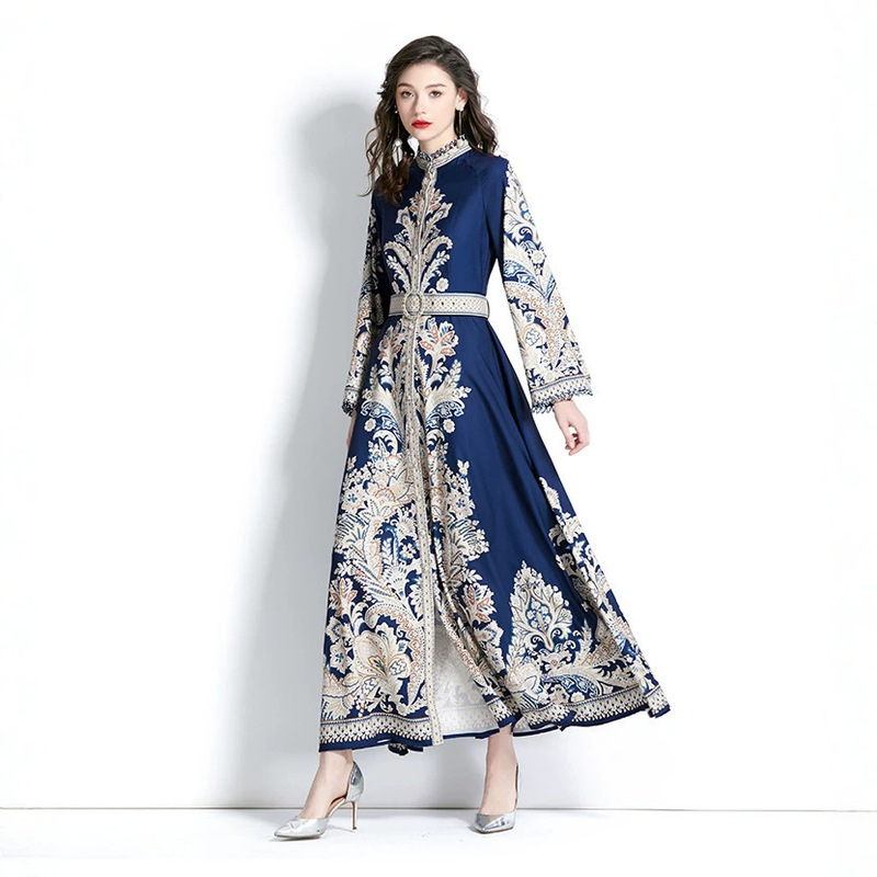 Cross-Border Spring New Style Retro Printed Round Neck Bell Sleeve Dress Women's Single-Breasted Large Hem Irregular Pleated Long Cross-Border Spring New Style Retro Printed Round Neck Bell Sleeve Dress Women's Single-Breasted Large Hem Irregular Pleated Long