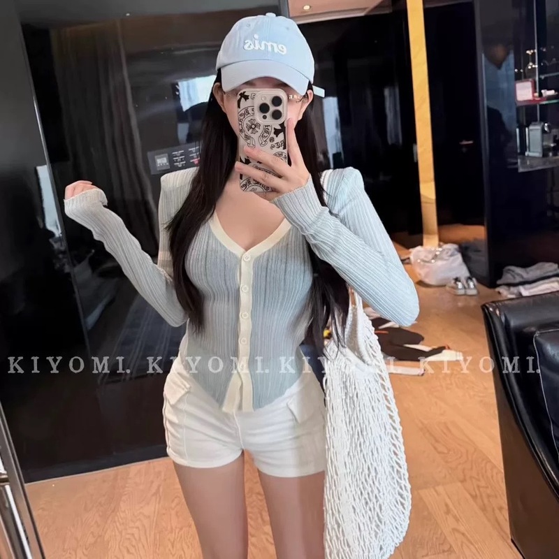 KIYOMI韩式四条杠V领撞色针织衫女秋季潮流休闲辣妹毛线开衫上衣|undefined