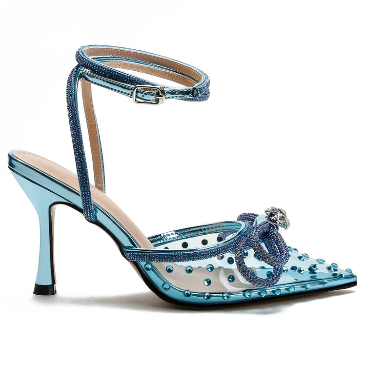 New rhine-diamond transparent high heel sandals women's fine heel pointed high heels with a line with a bun head_voghion.com