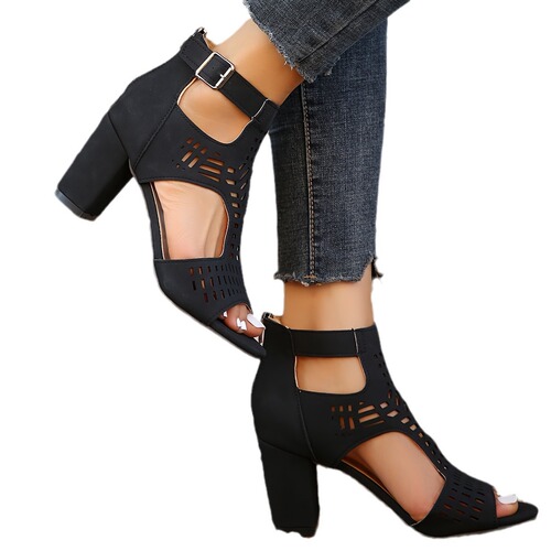 Women's thick-heeled fish mouth hollowed out back hollowed out fashionable outdoor banquet hook buckle back zipper fashionable high-heeled thick-heeled sandals