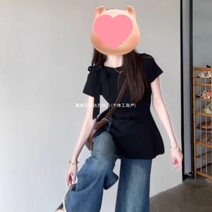 French High-End Cool Bow Short-Sleeved Right Shoulder Shirt for Women Summer New Black Slim Top