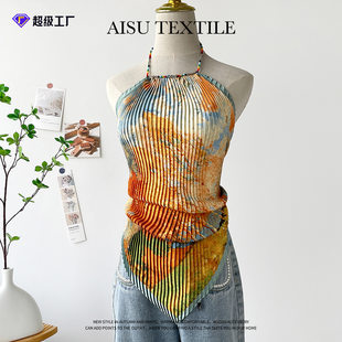 Oil painting top for women in summer new style seaside vacation hot girl halter neck sling vest short top wholesale