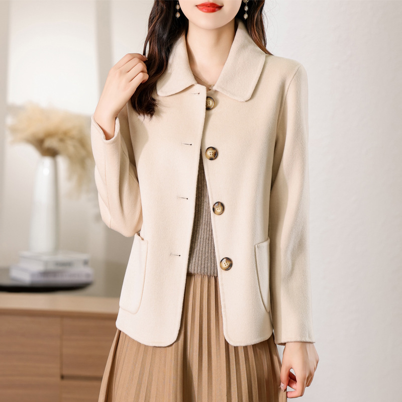 Pure Wool Double-Sided Mid-Length Coat for Women, Slim Fit, Fashionable Doll Collar, Woolen, Petite and Stylish