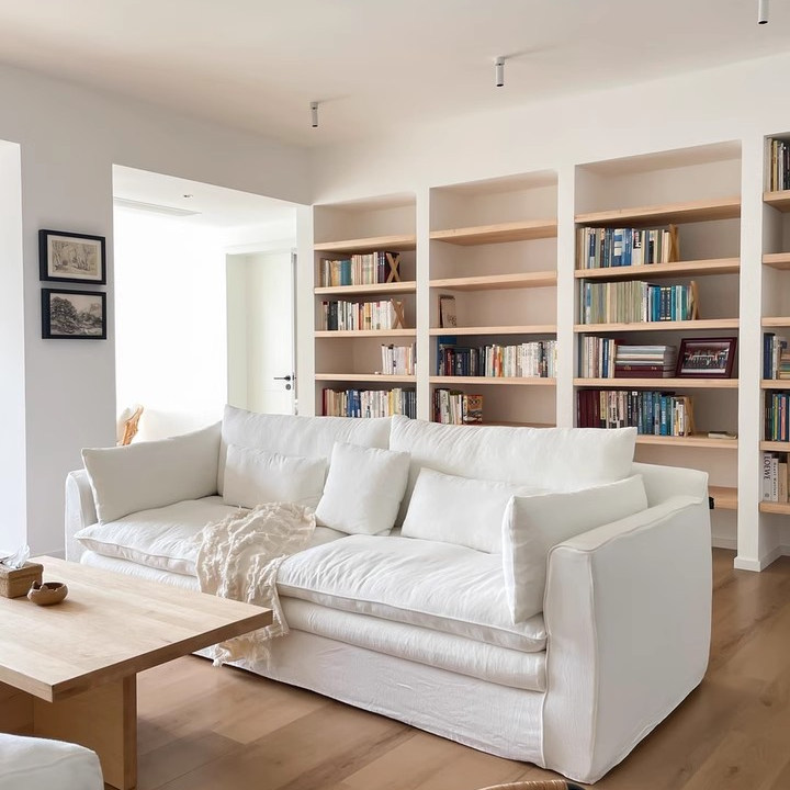 Wabi-Sabi Style Sofa for Small Living Rooms, Fabric Mid-Century Style, Straight Row, Removable and Washable down Linen Cotton and Linen Sofa