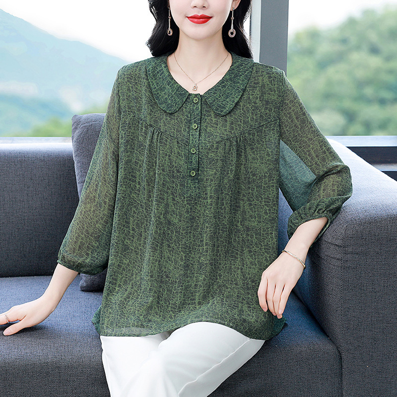 Brand High-End Mother's Shirt Women's Summer New Fashion Doll Collar Versatile Loose Mulberry Silk Large Size Top