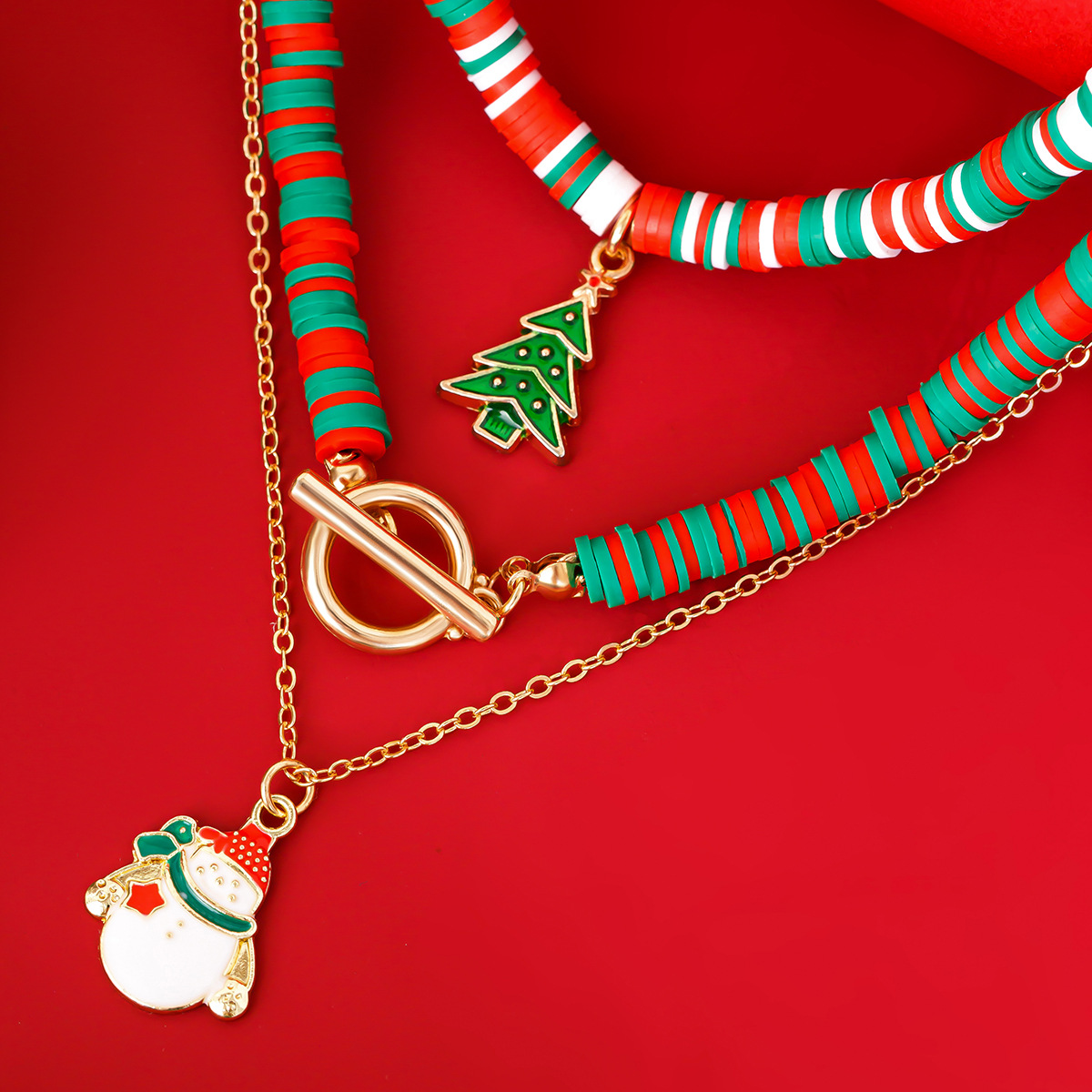 European And American Fashion Soft Pottery OT Buckle Alloy Necklace 3-piece Set Christmas Elderly Pendant Collarbone Chain_voghion.com