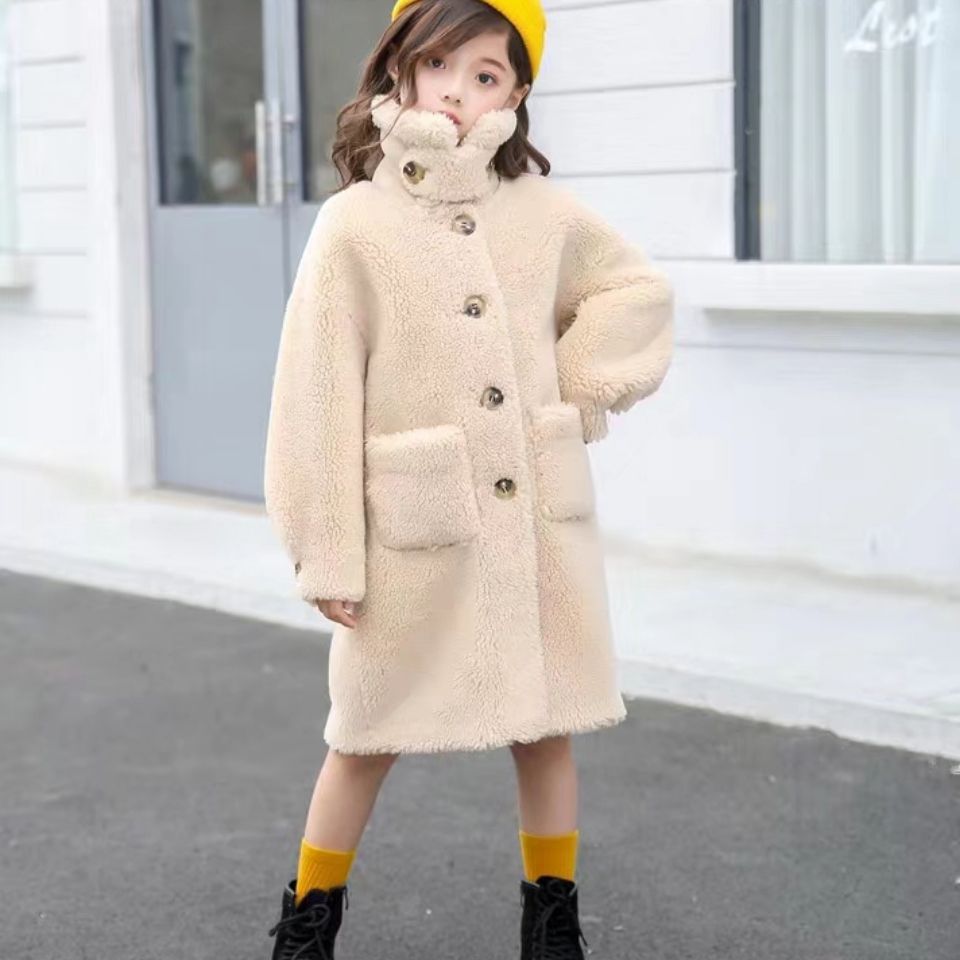 新款颗粒羊毛安娜儿童羊剪绒皮毛一体女童中长款外套皮草大衣
