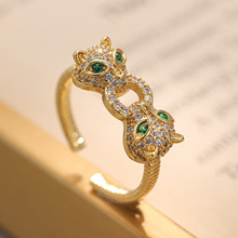 欧美跨境铜镀金微镶锆石时尚豹头开口戒指男女款个性嘻哈指环手饰