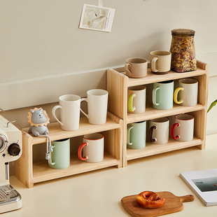 Solid Wood Cherry Color Japanese Tea Set Coffee Cup Desktop Double-Layer Storage Rack Cup Holder Kitchen Storage Rack Grids