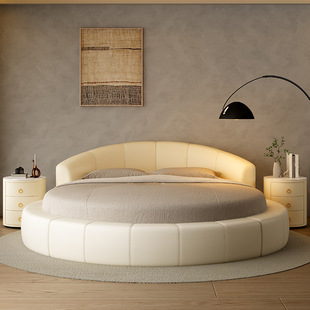 Genuine Leather Round Bed, the Ultimate Choice for Family Weddings, Simple Modern Design, High-End Solid Wood Frame