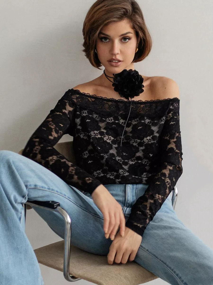 Кружевное боди Hollow lace bodysuit, one-neck off-the-shoulder jumpsuit для женщин