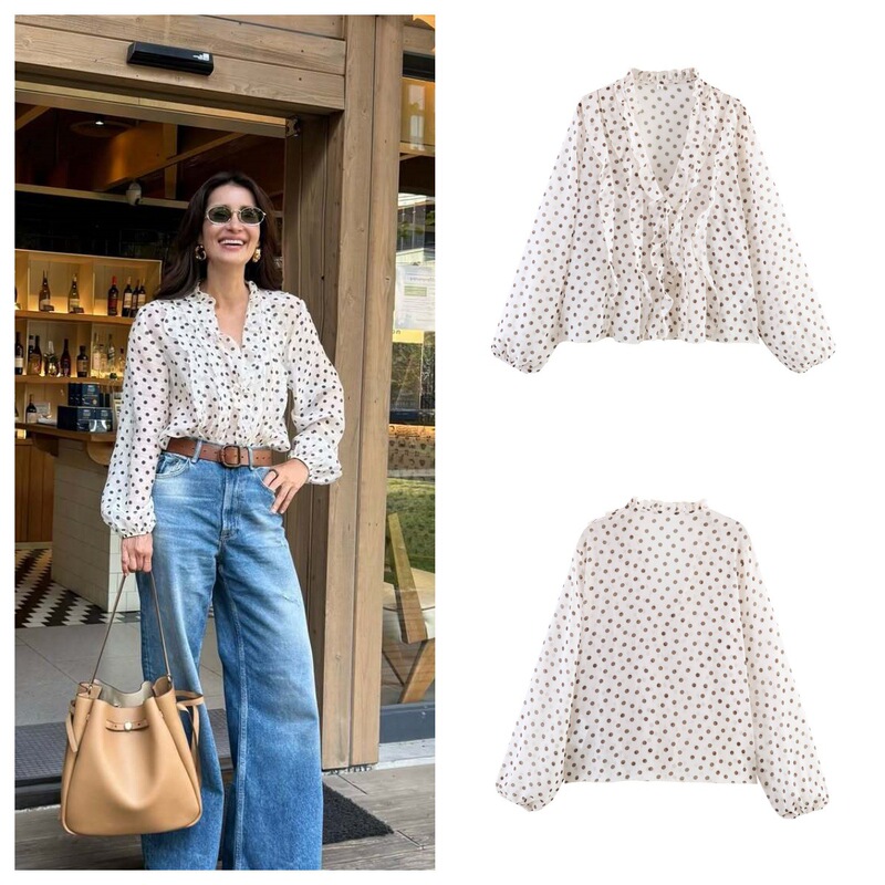 Pb&Za Summer New Cross-Border Women's Casual Style Long-Sleeved V-Neck Polka Dot Layered Decorative Shirt 3666076