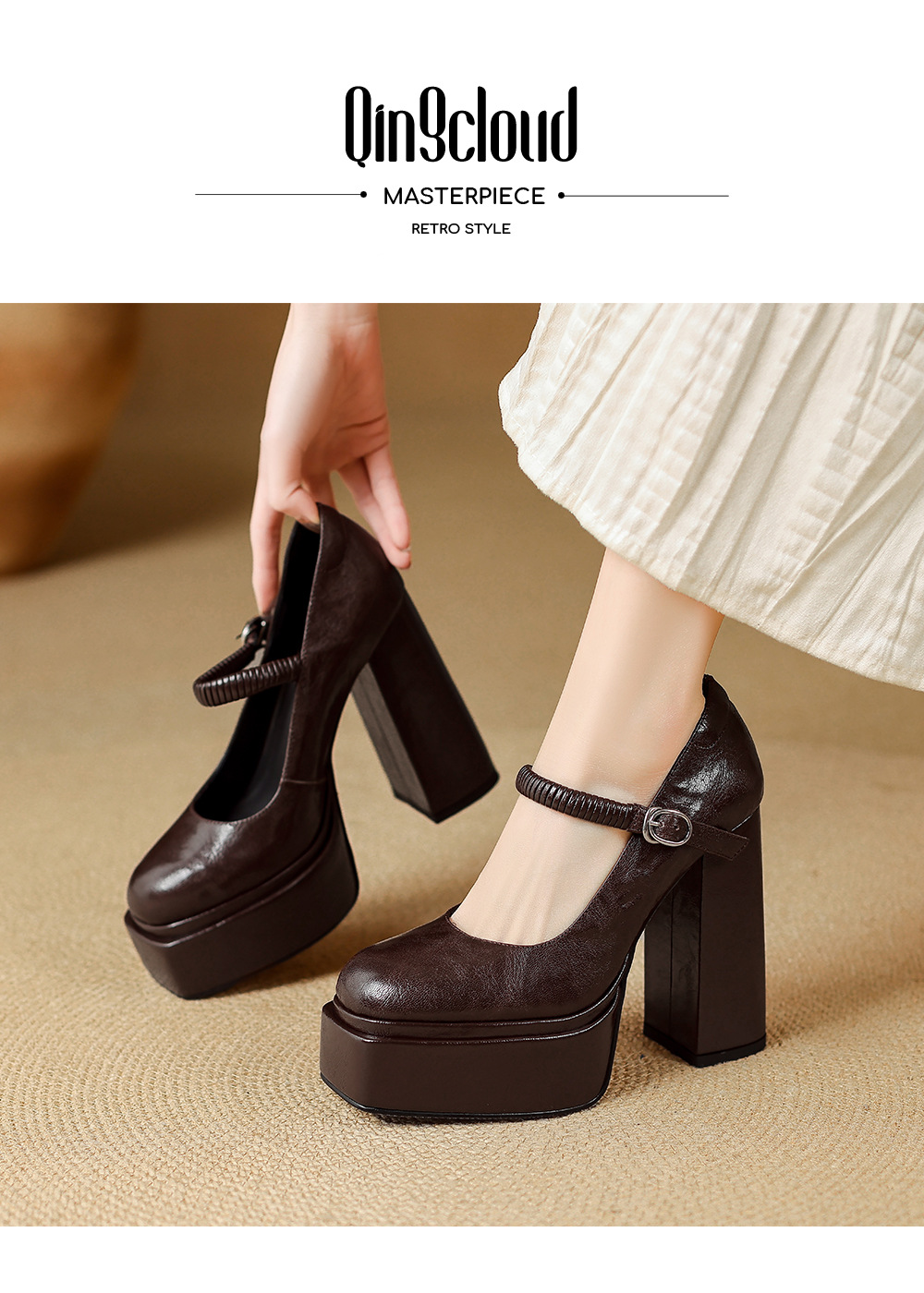 Giày cao gót nữ mũi nhọn quai ngang đế xuồng platform gót 9 cm — màu nâu, màu đen chi tiết 1