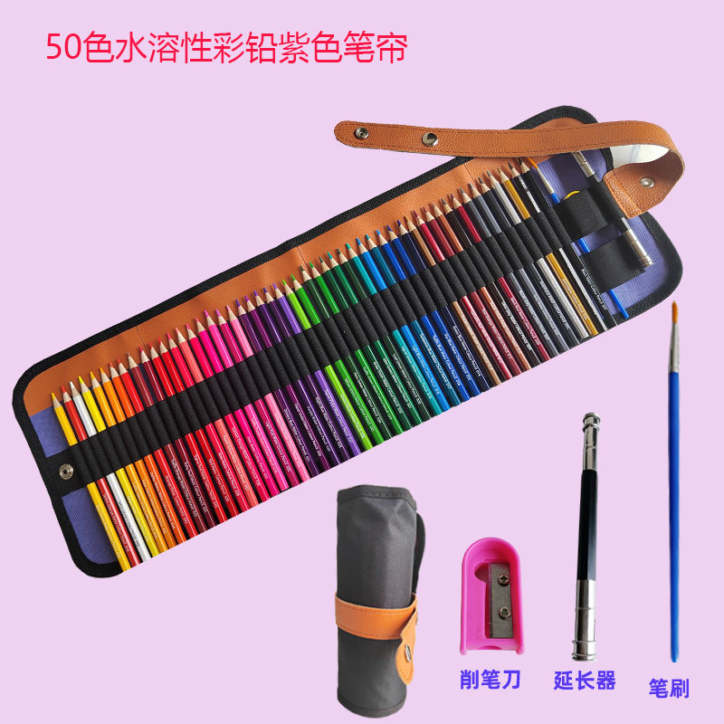 Juego de lápices de colores solubles en agua de 50 colores con estuche morado
