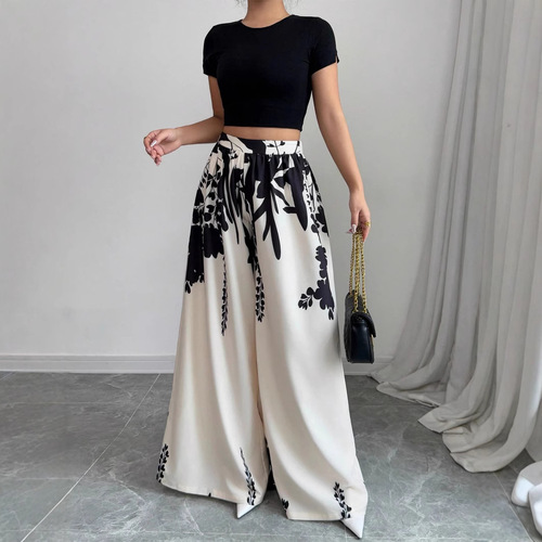 2025 European and American Summer Cross-border New Women's Ink Print Mid-rise Elegant Temperament Fashion Wide Leg Pants with Large Hems