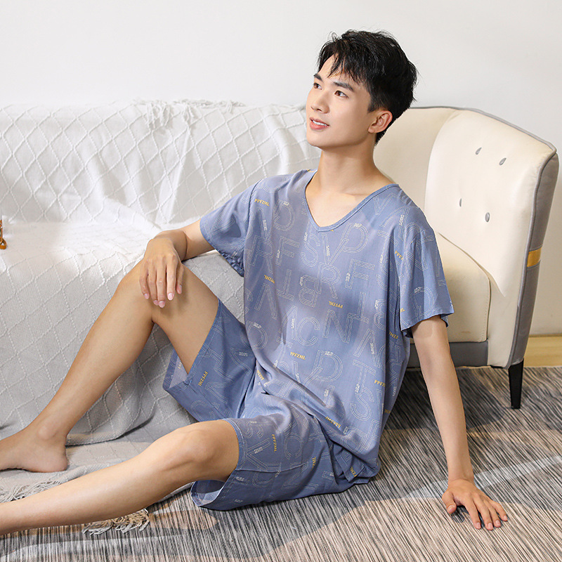 Men's Cotton Silk Pajamas Summer Thin Artificial Cotton Short-Sleeved Large Size Shorts Cotton Silk Home Wear Set Home Leisure