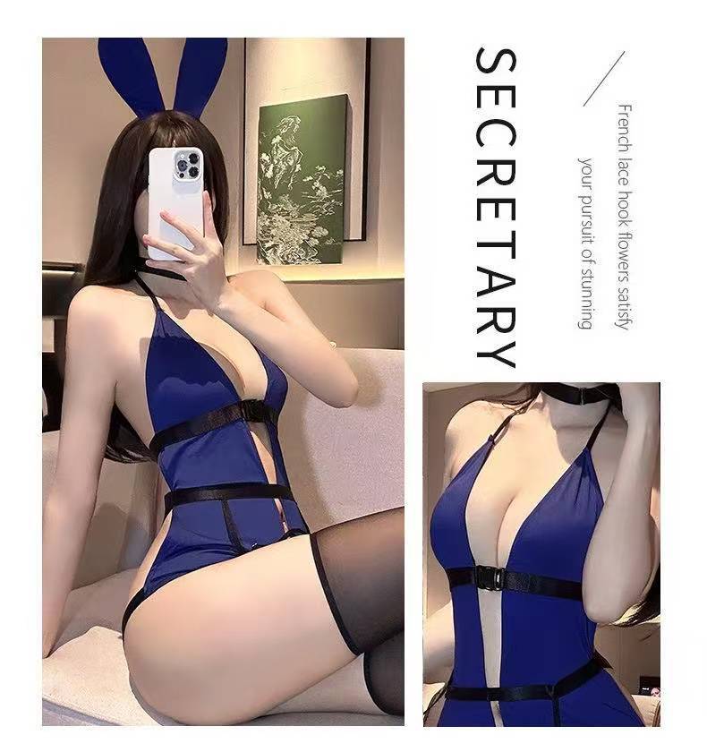 Sexy Stewardess Secretary Roleplay Lingerie Set with Bunny Ears and Stockings — detail image 5