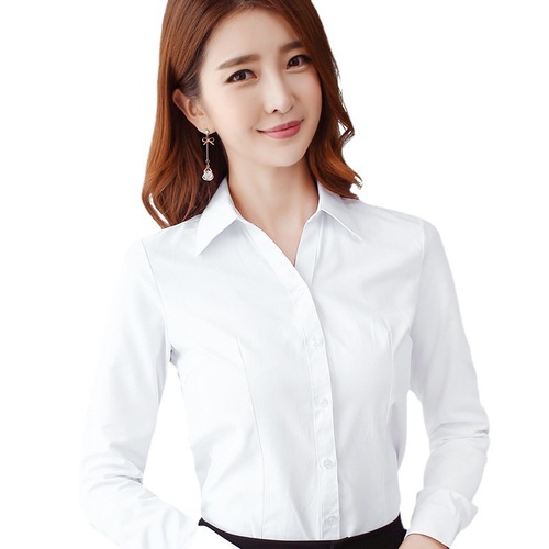 Spring and Autumn White Shirt Women's Long Sleeve Korean Style Shirt Formal Work Suit Workwear Student Temperament Short Sleeve V Neck Large Size