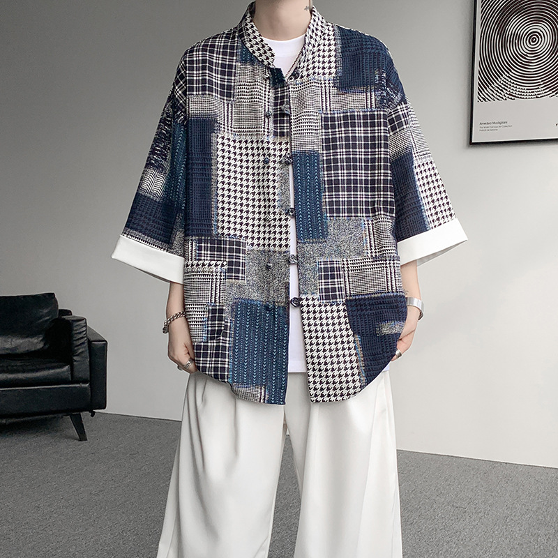 2025 Summer New Large Size New Chinese Style Splicing Short-Sleeved Shirt Men's Chinese Style Three-Quarter Sleeve Robe Button Jacket