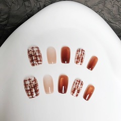 秋冬毛呢小香風穿戴甲深咖色貓眼短款顯白質感可拆卸美甲貼片