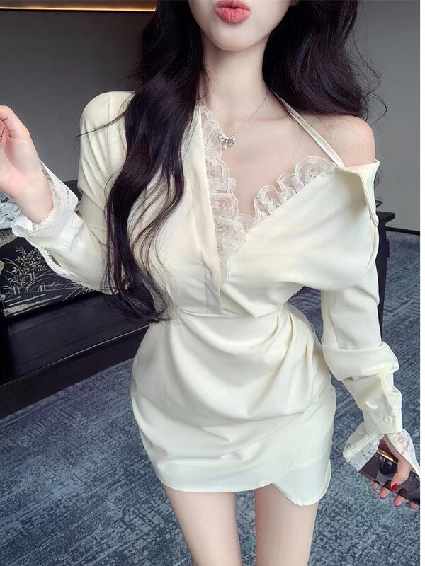Shirt Dress for Women, Pure Lust Style, Off-Shoulder Long-Sleeved Autumn New Style Lace Splicing Slimming French Waist Short Skirt